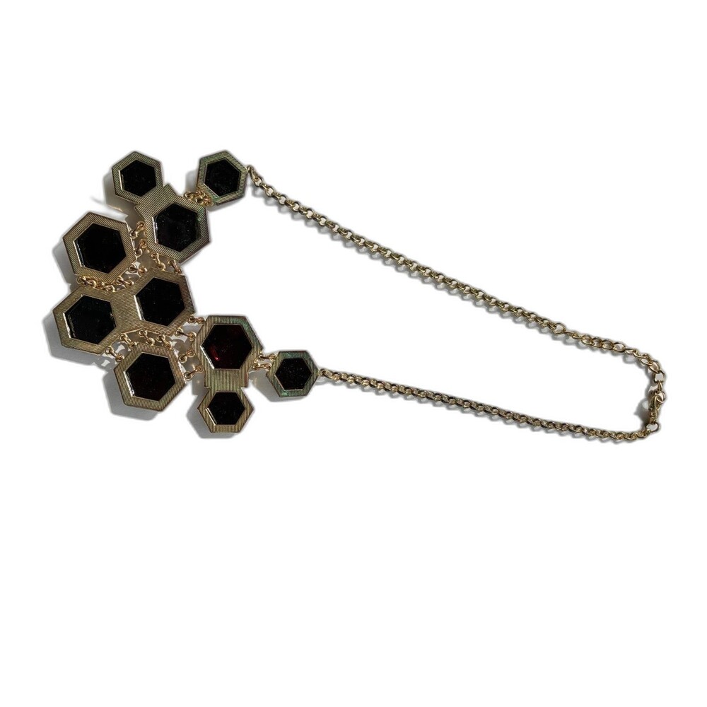 Vintage Style Black Hexagon Statement Necklace Gold Tone Honeycomb Collar Retro - Picture 3 of 4